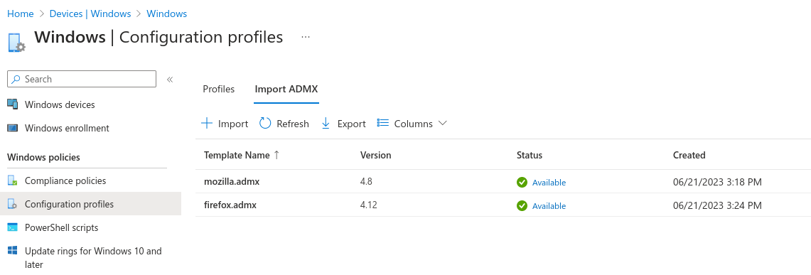Intune with Imported ADMX templates for mozilla.admx and firefox.admx